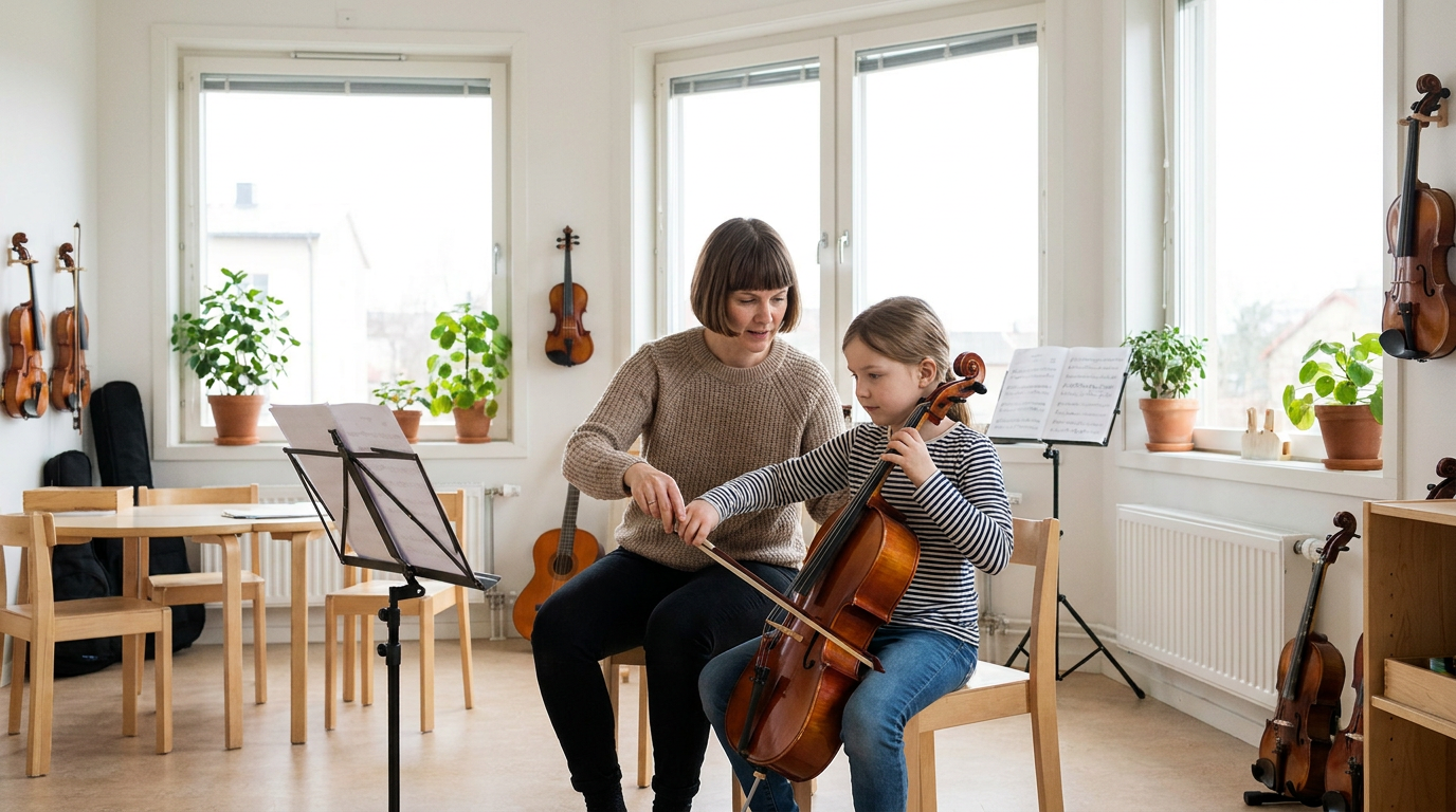 En musikkpedagog underviser en ung celloelev i kulturskole lokaler